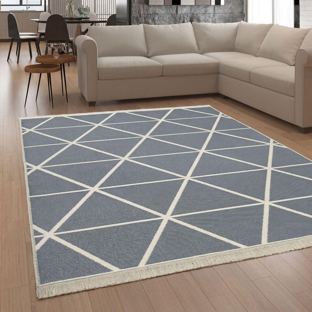 Teppich Wohnzimmer Waschbar Geometrisches Skandi Muster Fransen Grau Creme Grösse 60x180 cm