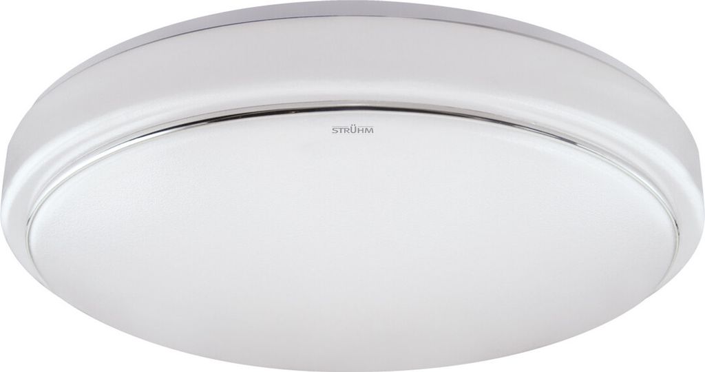 A close-up, studio shot of a white, circular ceiling light with a silver trim.