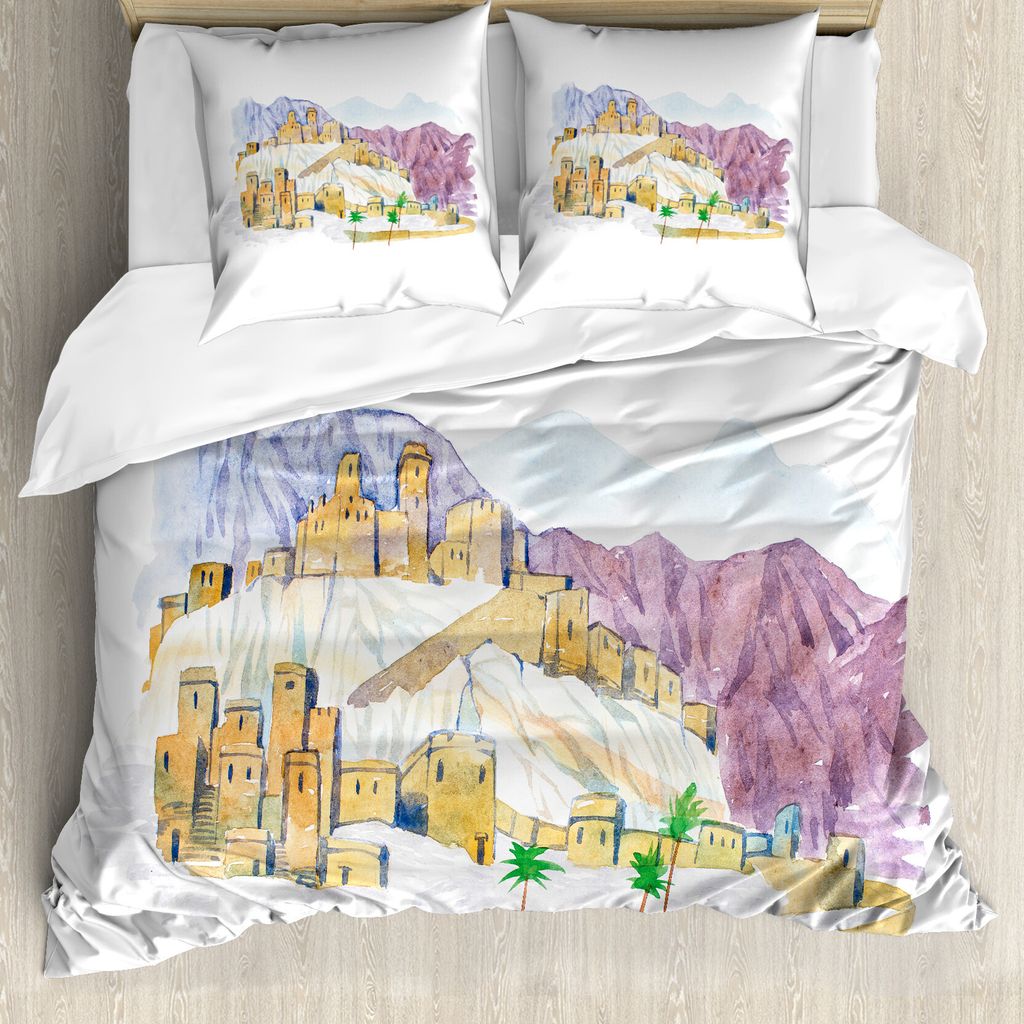 ABAKUHAUS Landschaft Bettbezug Set für Einzelbetten, Wüsten-Stadt-Kunst, Milbensicher Allergiker geeignet mit Kissenbezug, 155 cm x 220 cm - 80 x...