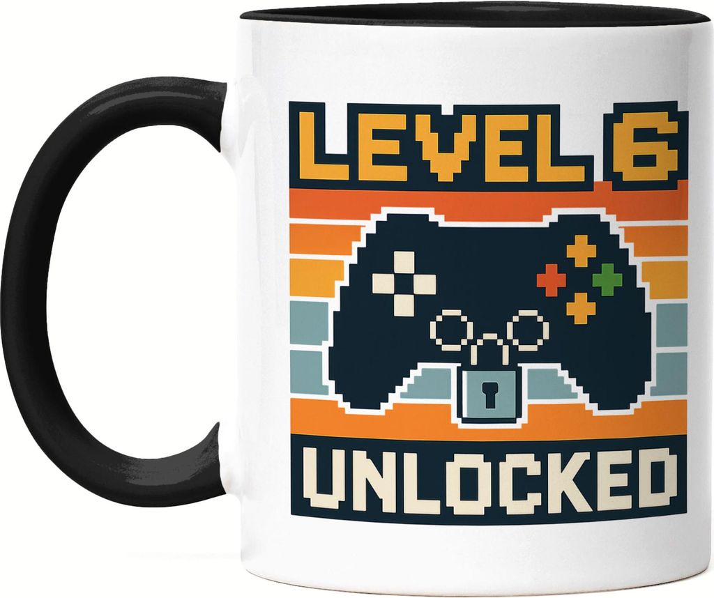 Level 6 Unlocked Tasse Schwarz Gamer Geschenkidee Kindergeburtstag Junge Mädchen Videospiel 6 Jahre