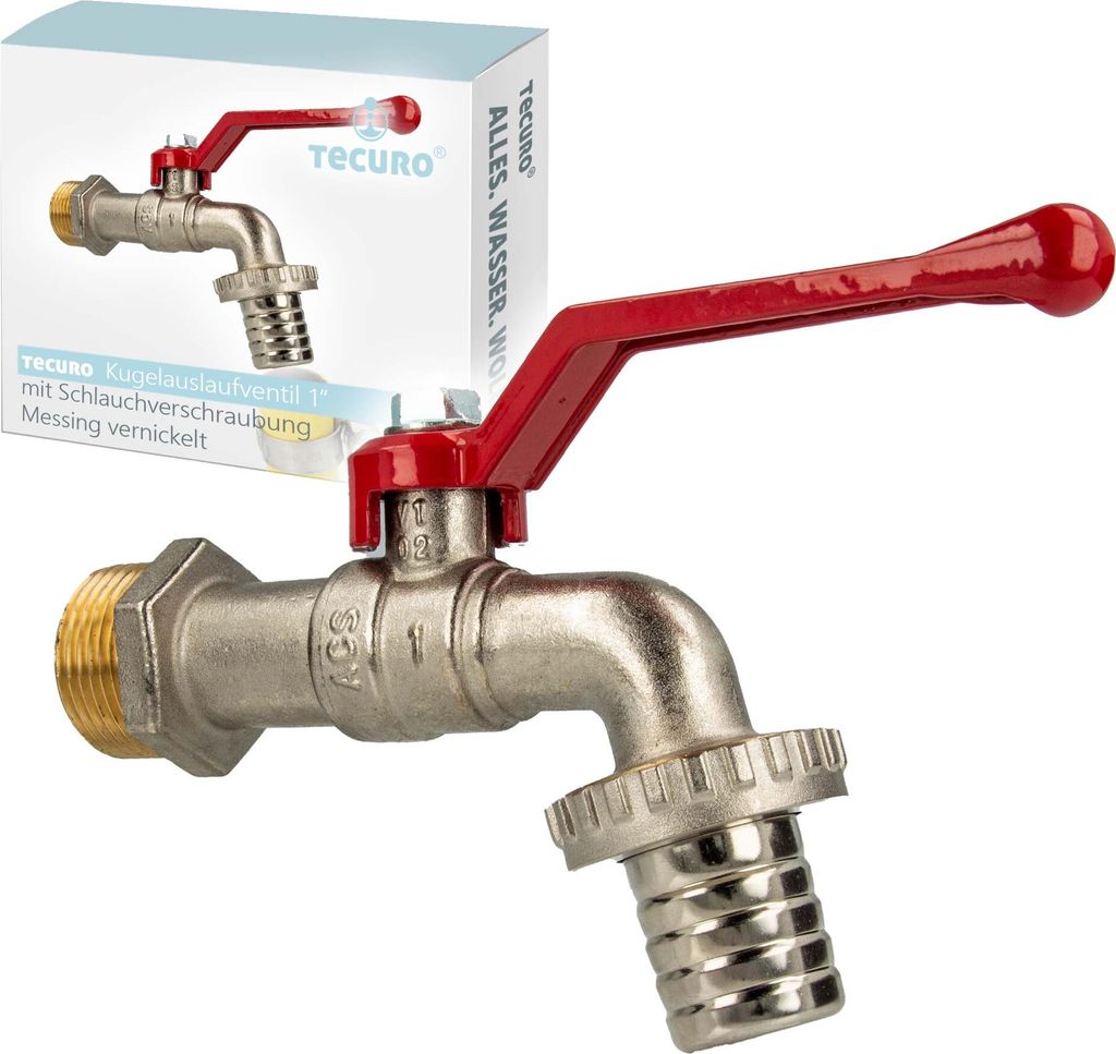 tecuro Kugelauslaufhahn Griff rot, 1 Zoll, mit Schlauchtülle, MS vernickelt