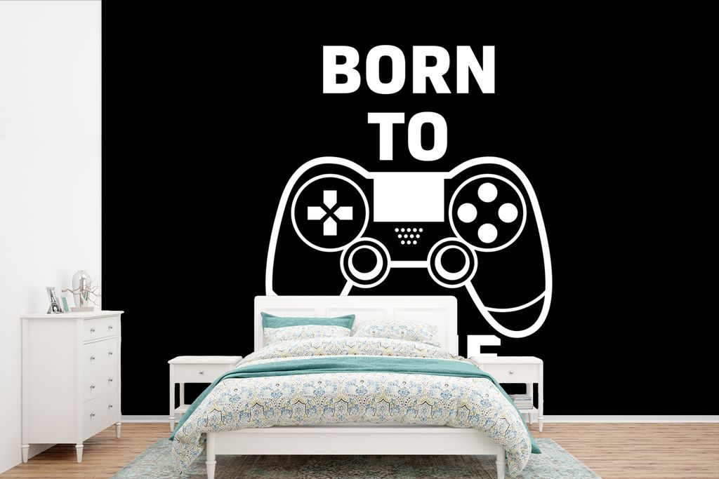 MuchoWow Fototapete für Wohnzimmer oder Schlafzimmer Wandtapete Vinyl Motivtapete Gaming - Zitate - Controller - Zum Spielen geboren - Schwarz -...