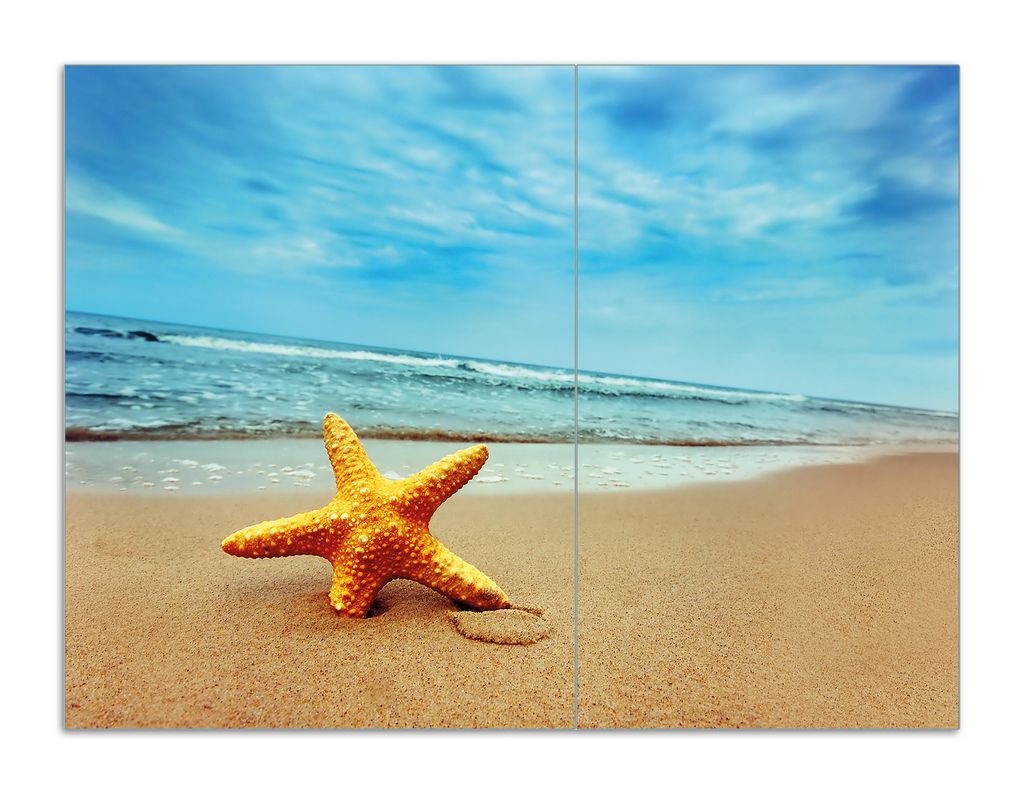 Wallario Herdabdeckplatte aus Glas, Größe 70 x 52 cm 2-teilig, Motiv Seestern am Strand am Meer