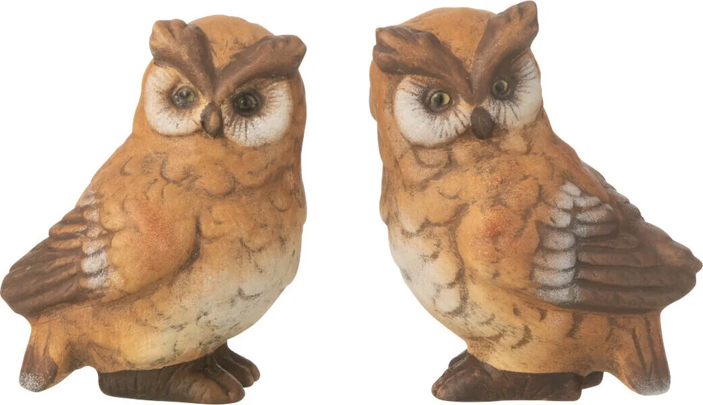 Statue Hibou en Porcelaine Marron J-Line - Lot de 2 Figurines Design
