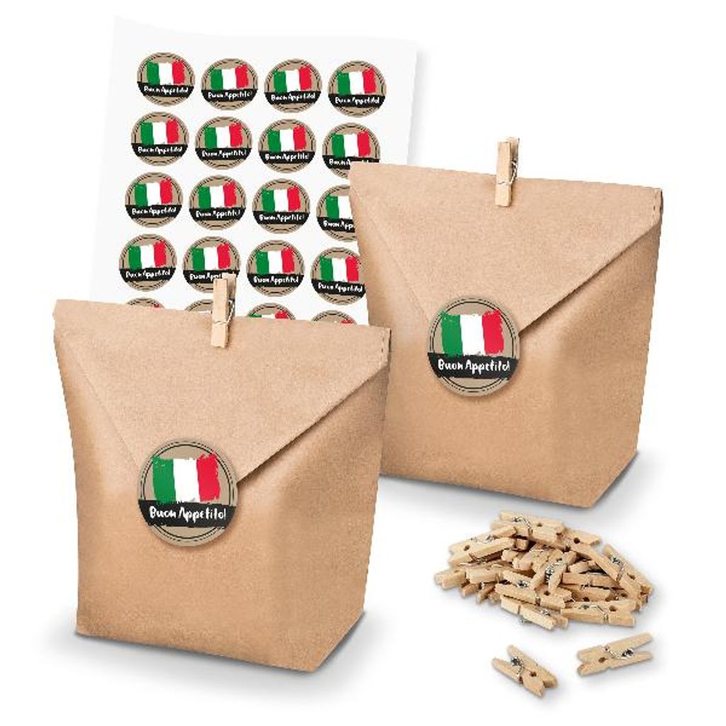 itenga SET 24x Geschenktüten + Klammern + Sticker Buon Appetito (M201)