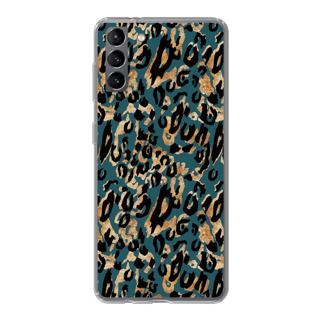 MuchoWow Handyhülle Schutzhülle Hülle für Samsung Galaxy S21 Plus Pantherdruck - Schwarz - Braun - Türkis Silikon Softcase Handy Hülle - Ha...
