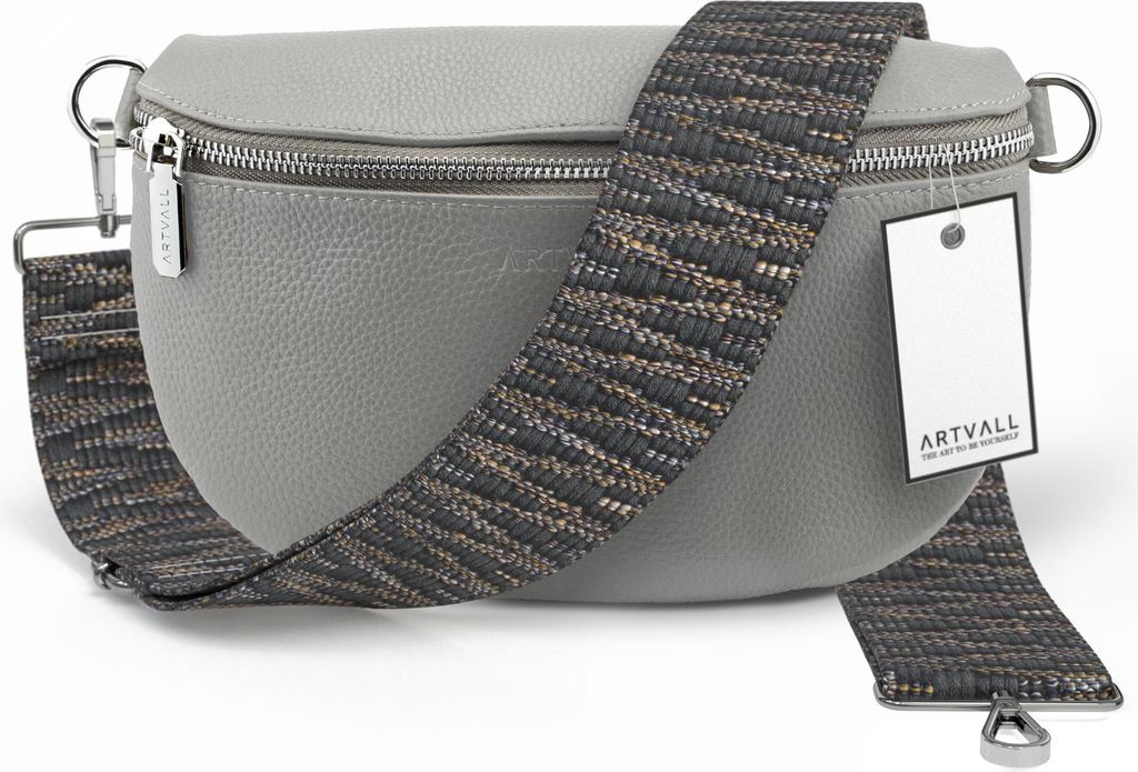 ARTVALL - Umhängetasche aus Leder, Klein mit verstellbarem Schultergurt, abnehmbares Taschenband, Crossbody Bag in Hellgrau