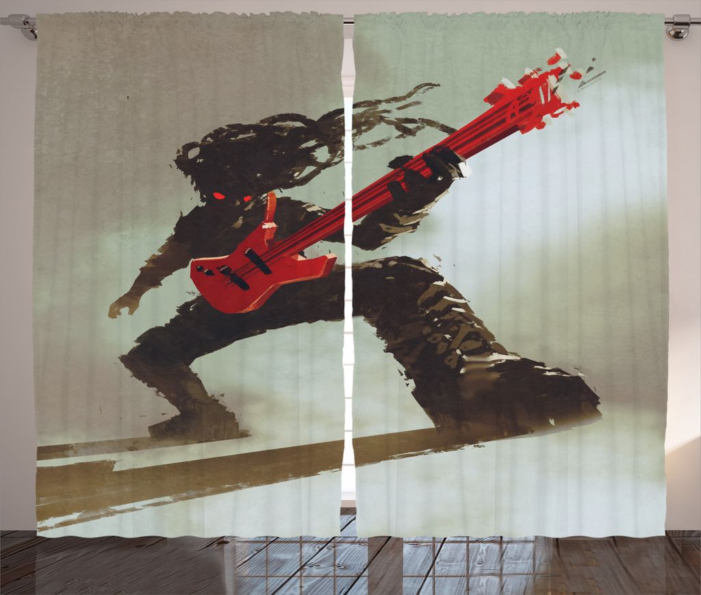 ABAKUHAUS Fantasie Rustikaler Gardine, Hipster Rocker Gitarre, Schlafzimmer Kräuselband Vorhang mit Schlaufen und Haken, 280 x 175 cm, Grau Rot