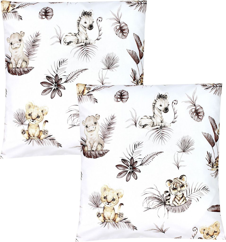 TupTam Kinder Kissenbezug Dekorativ Gemustert mit Hotelverschluss 2er Set, Farbe: Beige Löwe Blätter / Beige , Größe: 40 x 40 cm