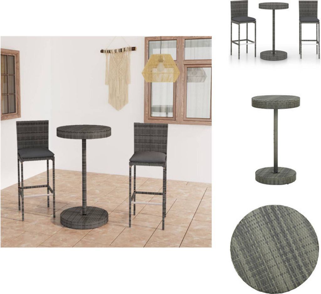 vidaXL 3-tlg. Gartenbar-Set mit Kissen Poly Rattan Grau - Gartenmöbel-Sets
