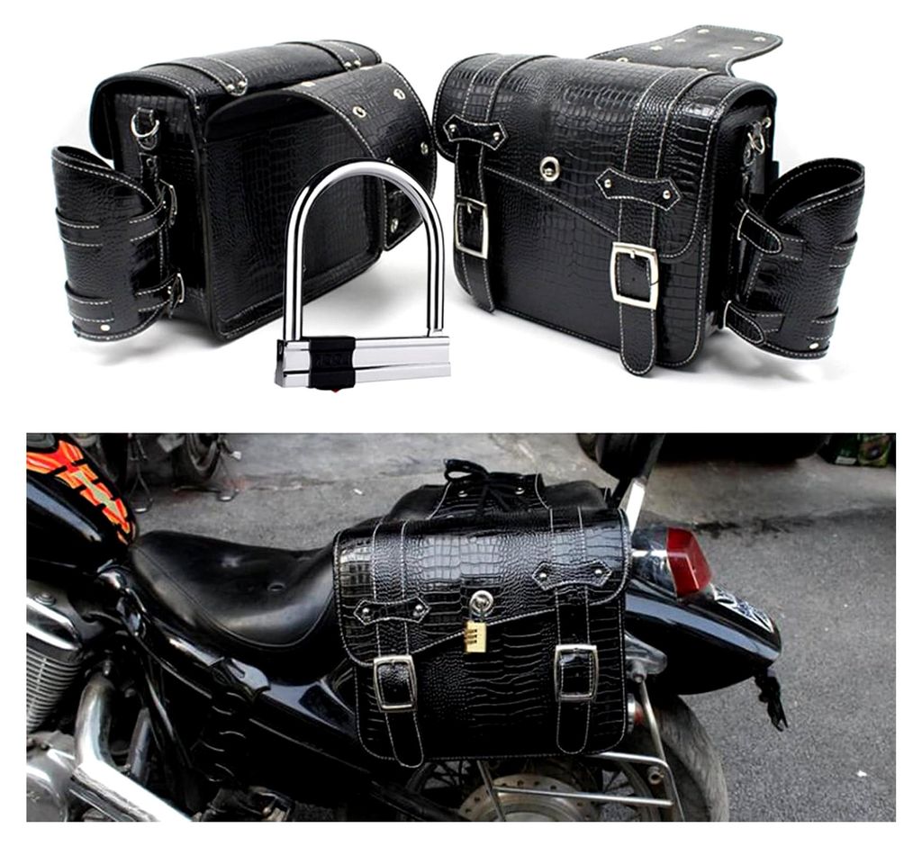 1 Paar Motorrad-Seitensatteltaschen aus Kunstleder, wasserdicht, Rücksitz-Satteltasche, Reise-Werkzeug, Heckgepäck in Schwarz mit Wasserflaschent...