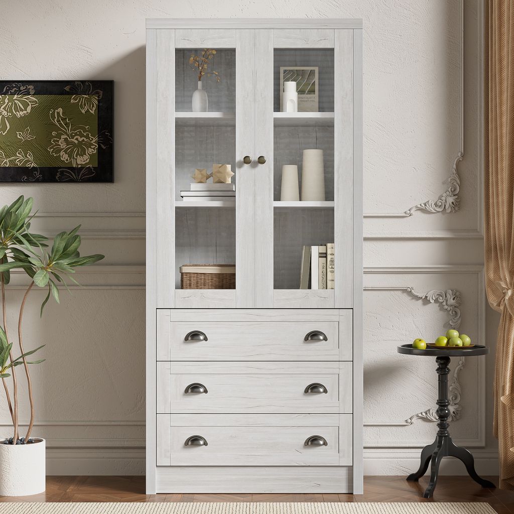 MODFU Vitrine, Highboard,Sideboard,Kommode mit 3 Schubladen & Kupfergriffen,mit Glastüren,Weiße Holzmaserung