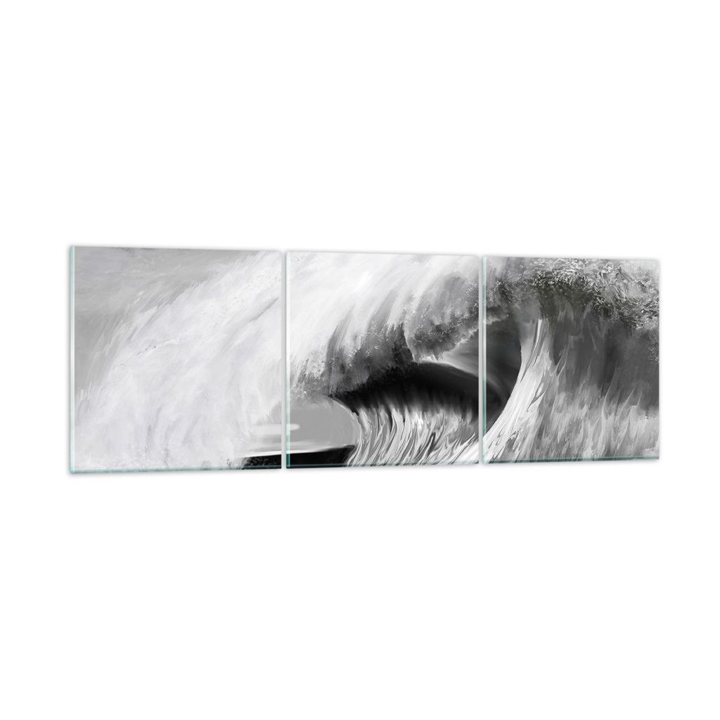 Bilder auf glas - 3 Teile - Welle Zeichnung Schwarzweiß - 120x40cm - Glasbilder - Wandbilder - Bilder - Wanddekoration aus Glas - Glas Bilder - Wa...
