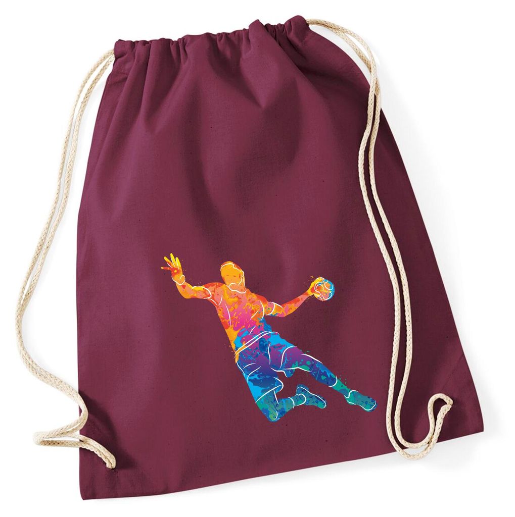Huuraa Turnbeutel bunte Handball Silhouette 12 Liter Burgundy Baumwolle Rucksack Geschenkidee