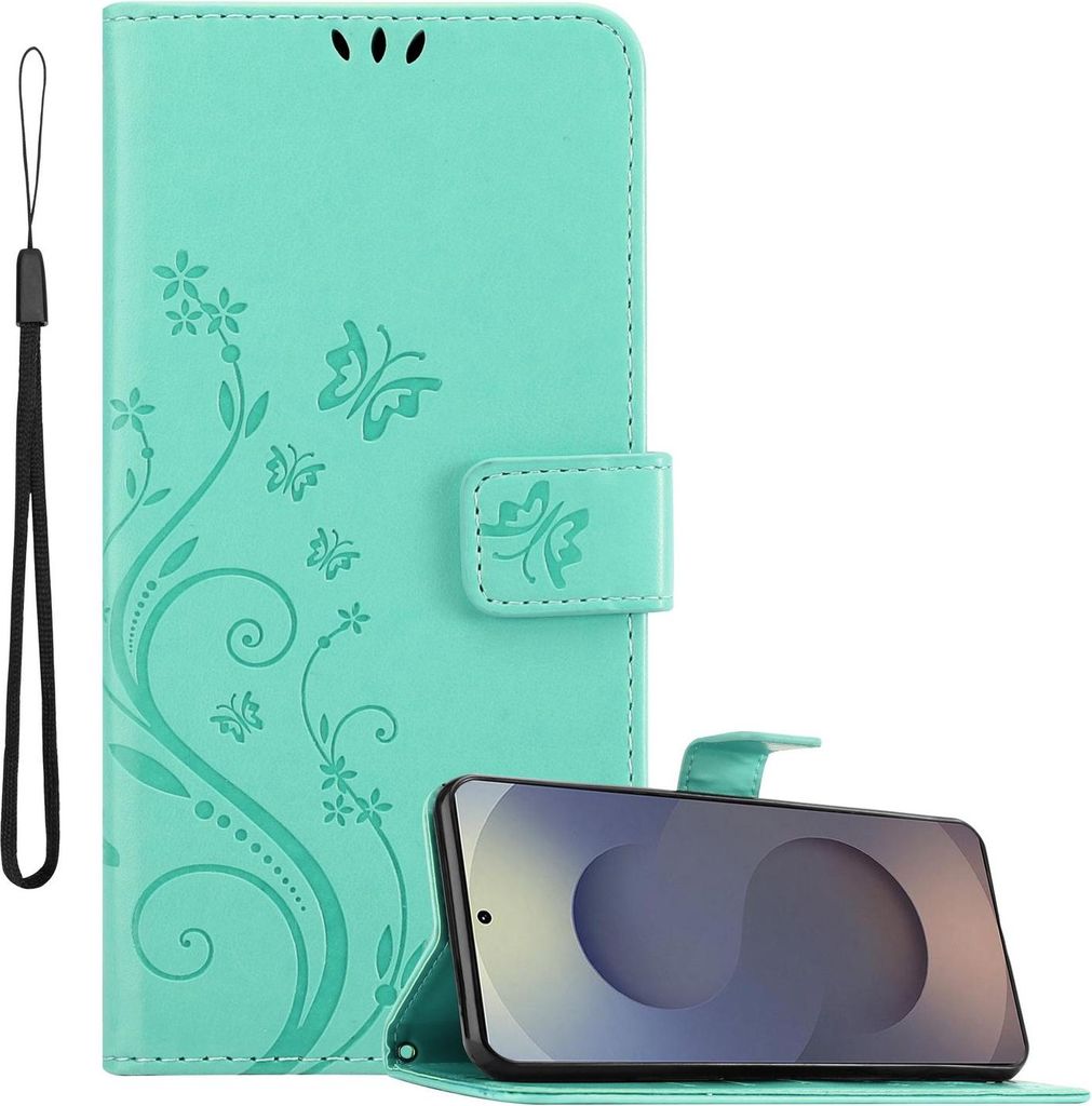 Cadorabo Hülle für Samsung Galaxy S25 Ultra Hülle in FLORAL TÜRKIS Schutzhülle im Blumen Design mit Magnetverschluss, Standfunktion und Karten...