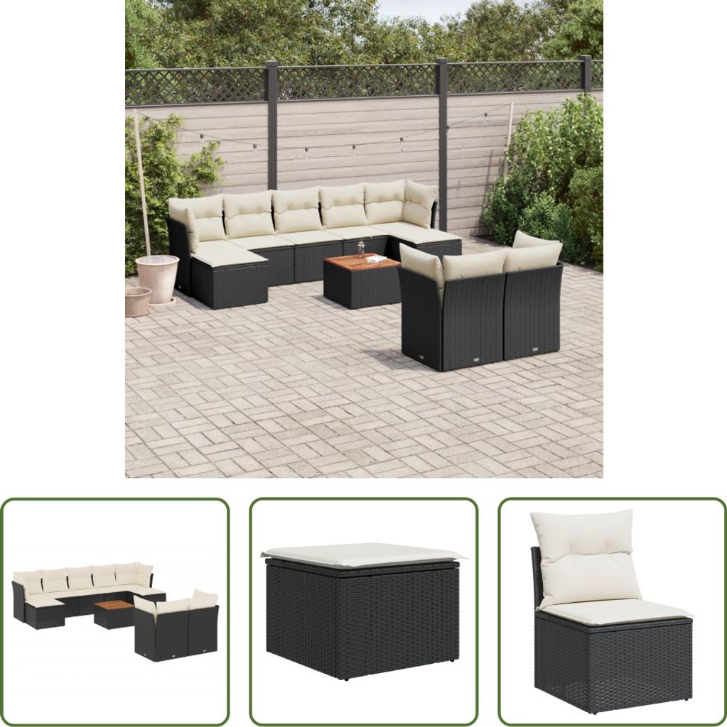 The Living Store 10-tlg. Garten-Sofagarnitur mit Kissen Schwarz Poly Rattan