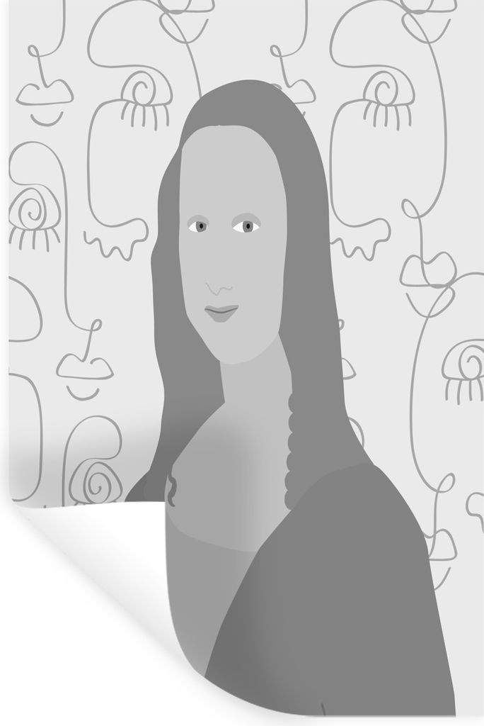 MuchoWow Wandtattoo Wandsticker Wandaufkleber Mona Lisa - Strichzeichnung - Schwarz - Weiß 60x90 cm Selbstklebend und Repositionierbar - Sticker...