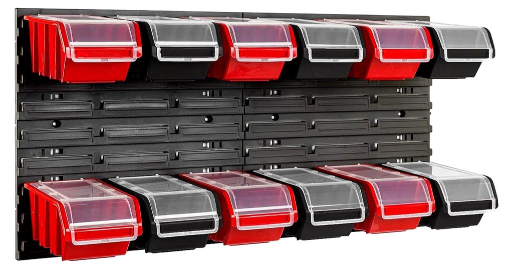 Stapelbox Wandregal 772 x 390 mm - Lagersystem mit 12 Boxen und Deckel - Lagerregal Sichtlagerkästen Schüttenregal, Schwarz/Rot
