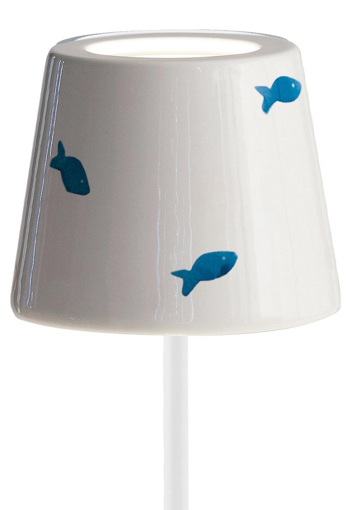 Keramikdeckel ø 130 x 100 mm für poldina mit blauem fischdekor auf weißem hintergrund