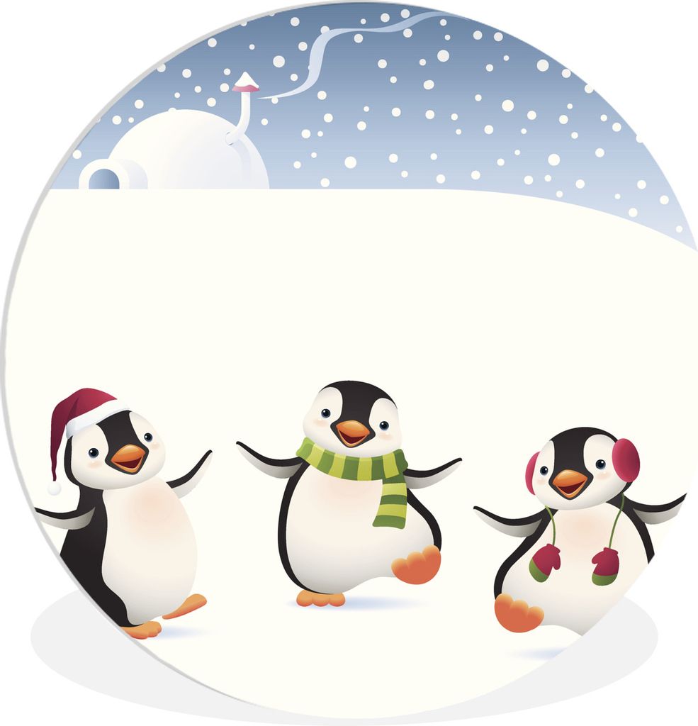 MuchoWow Rundes Wandbild - Runde Bilder Illustration mit drei im Schnee tanzenden Pinguinen Ø 60 cm Kreis Wanddekoration Kunststoff - Wandkreis ...
