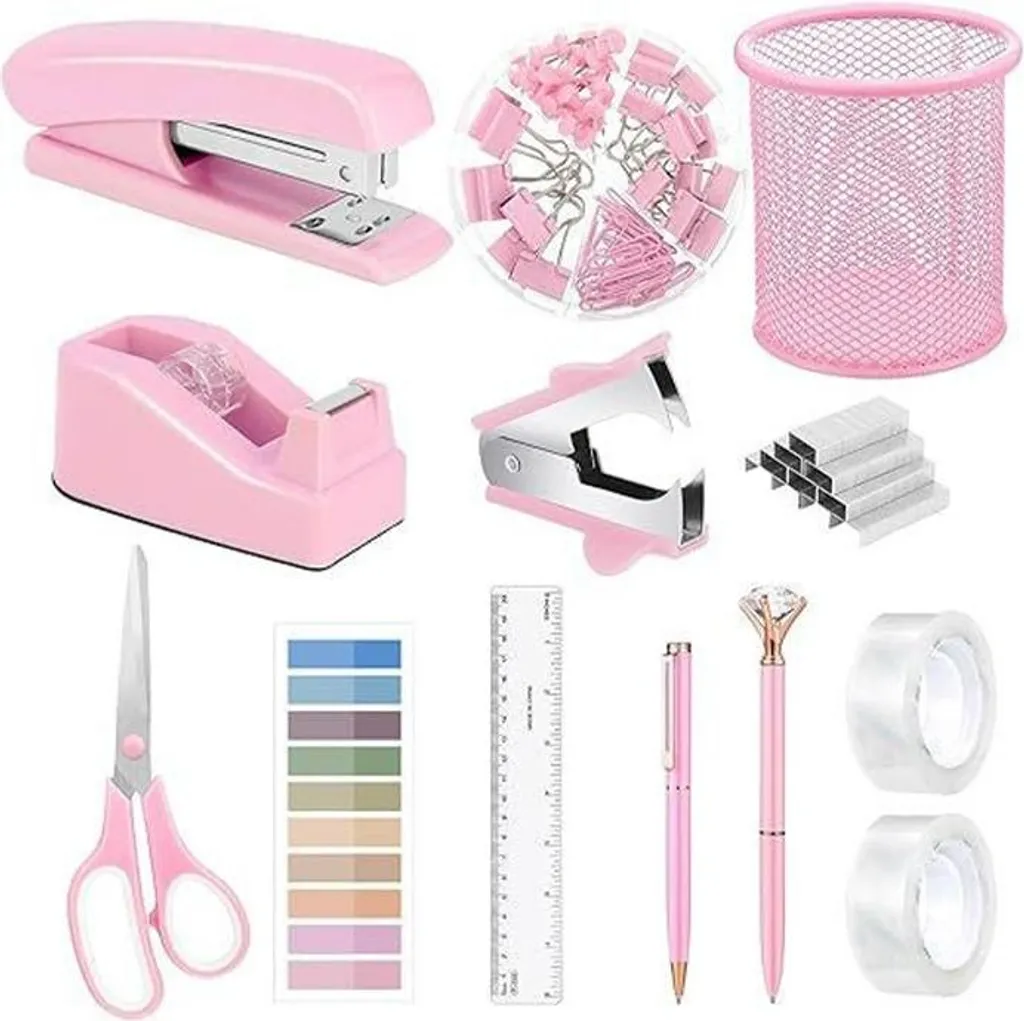 Set de Papeterie Complet Rose : Agrafeuse et Accessoires de Bureau INF