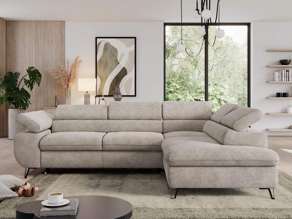 Couch, L-förmig ecksofa, mit Schlaffunktion und Verstellbare Kopfstützen, Bettkasten - PEDRO L - Struktur - Beige - Rechts