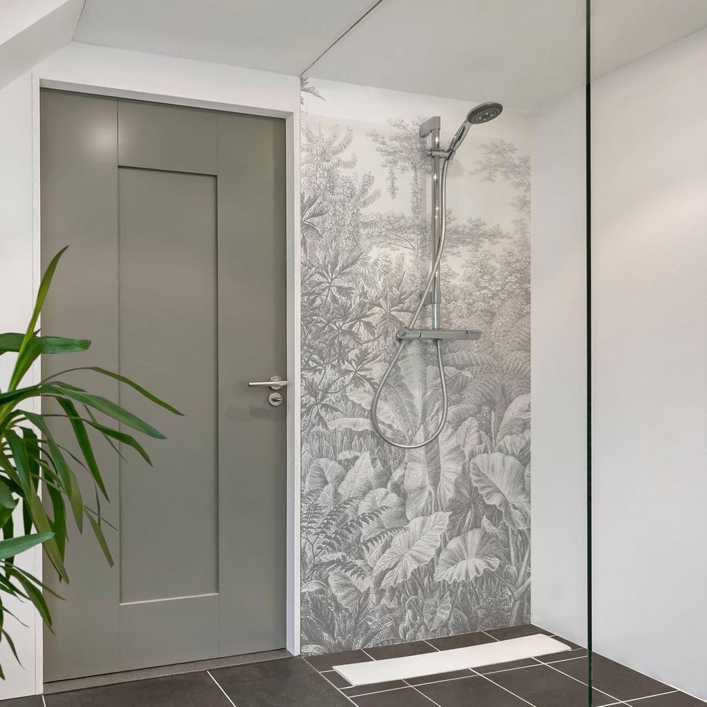Duschrückwand mit Motiv selbstklebend - 0.61 mm Wandpaneel wasserfest Pflanzen grau Tropisch Badrückwand fugenlos Premium matt 80x210 cm