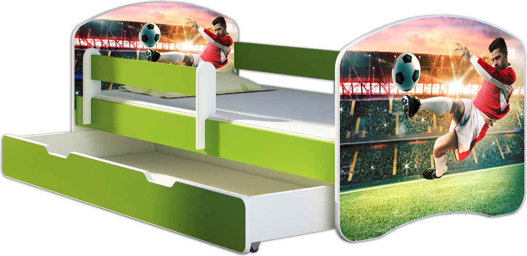 ACMA Jugendbett Kinderbett Junior-Bett Komplett-Set mit Matratze Lattenrost und Rausfallschutz Grün 37 Fußballer 2 180x80 + Bettkasten