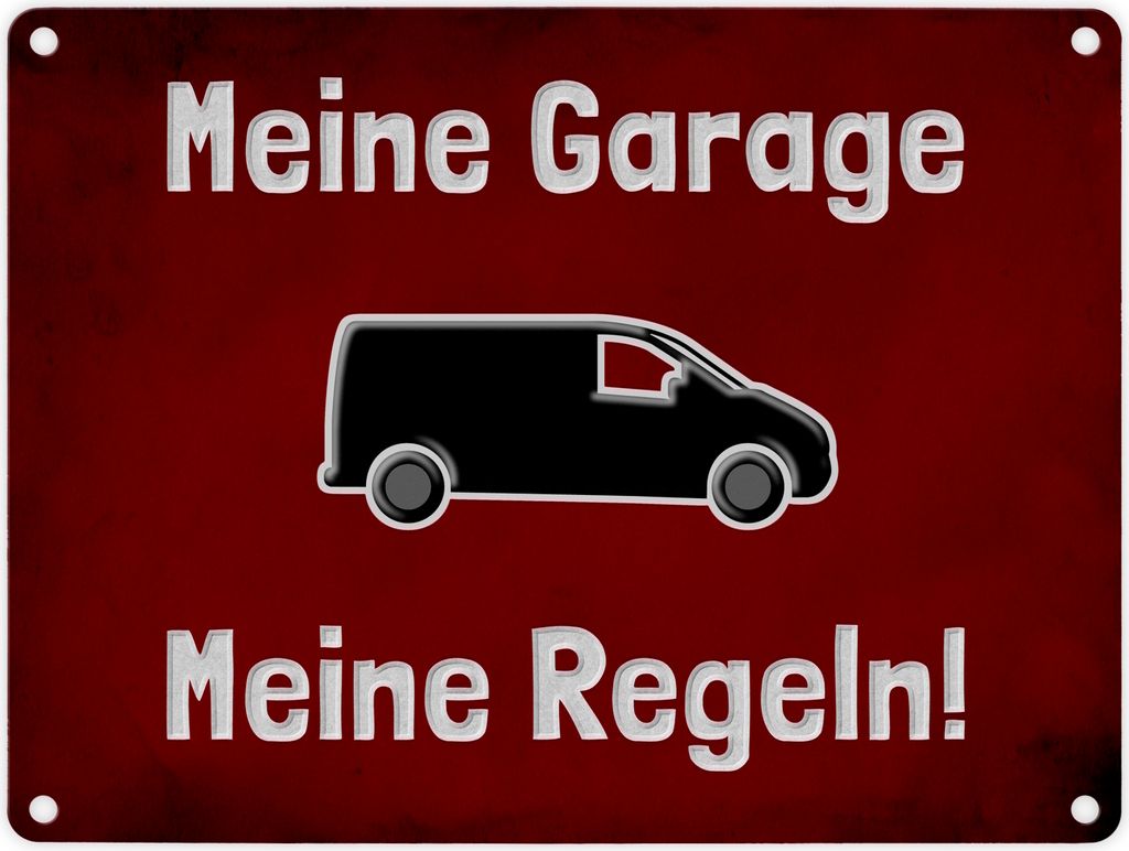Meine Garage Meine Regeln! Metallschild in 15x20 cm mit Van und rotem