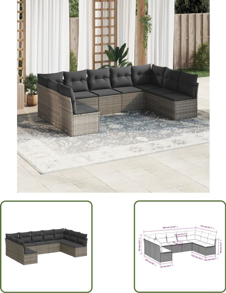 The Living Store 9-tlg. Garten-Sofagarnitur mit Kissen Grau Poly Rattan