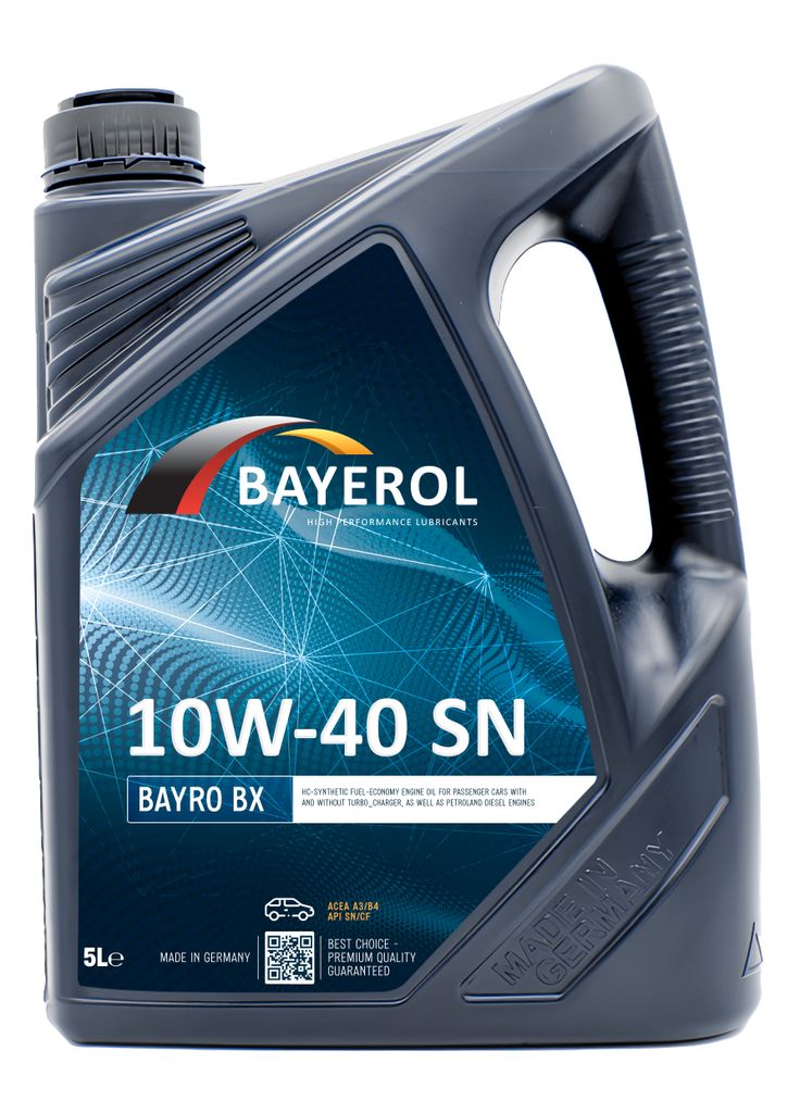 A product shot of a 5-liter container of Bayerol engine oil.