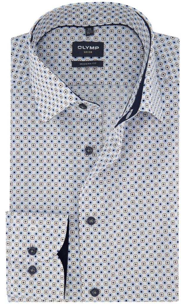 Hemd OLYMP Luxor bügelfrei Modern Fit weiß beige blaues Muster