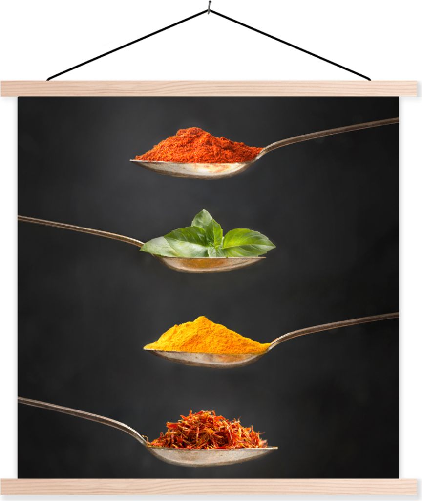 MuchoWow Textilposter Kräuter - Löffel - Gewürze - Schwarz - Italienisch 120x120 cm mit holzfarbenen Rahmen - Textil-Poster