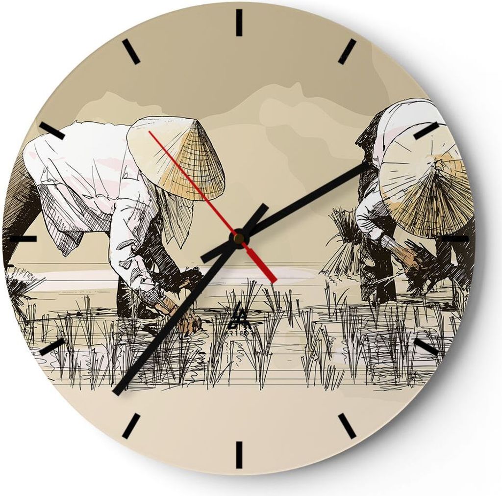 Wanduhr - Rund - Glasuhr - Reis Asien Feld Wasser - 30x30cm - Schleichendes Uhrwerk - Lautlos - zum Aufhängen bereit - Dekoration Modern - Wanddek...
