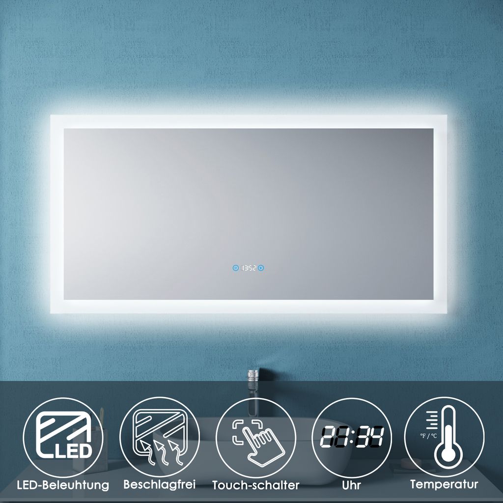 SONNI 120x60cm Badspiegel mit LED Beleuchtung Beschlagfrei Wandspiegel Touch-Schalter mit Uhr und Temperaturanzeige IP44