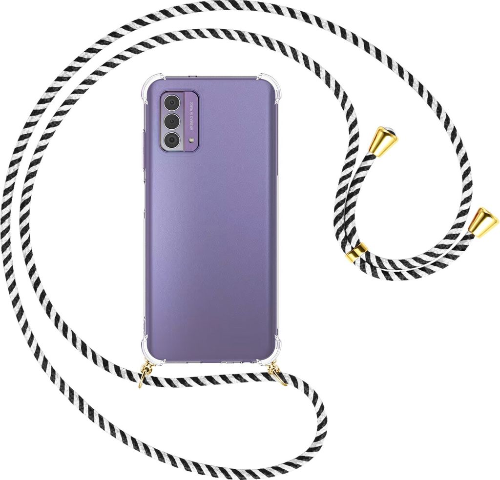 Handykette Backcover-Schutzhülle mit Band (Metall goldfarben) für Nokia G42 5G (6.56'') - schwarz/weiß gestreift