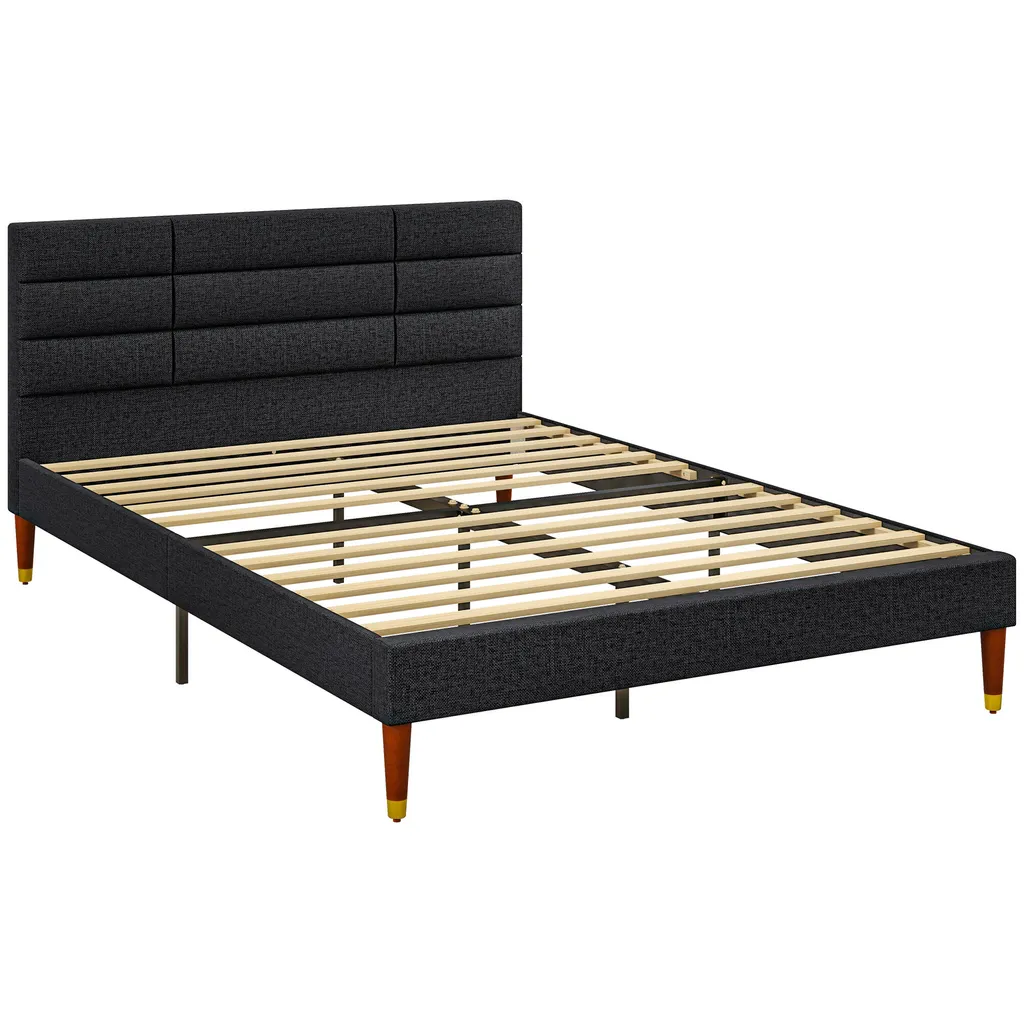 Lit 2 Personnes 140x200 cm en Tissu Noir avec Sommier et Tête de Lit