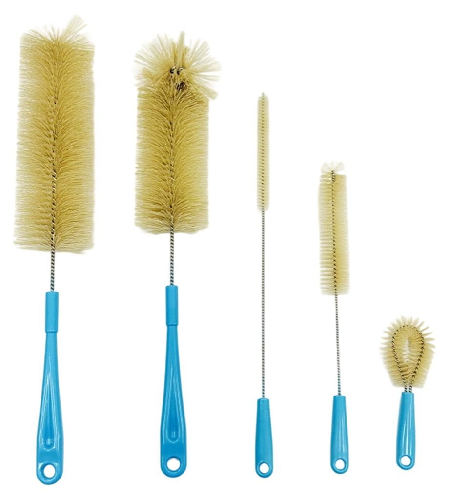 5-teiliges Flaschenbürsten-Set mit langem Griff, ergonomisch geformt, für Bier-, Wein- und Dekanterflaschen – Reinigungsset
