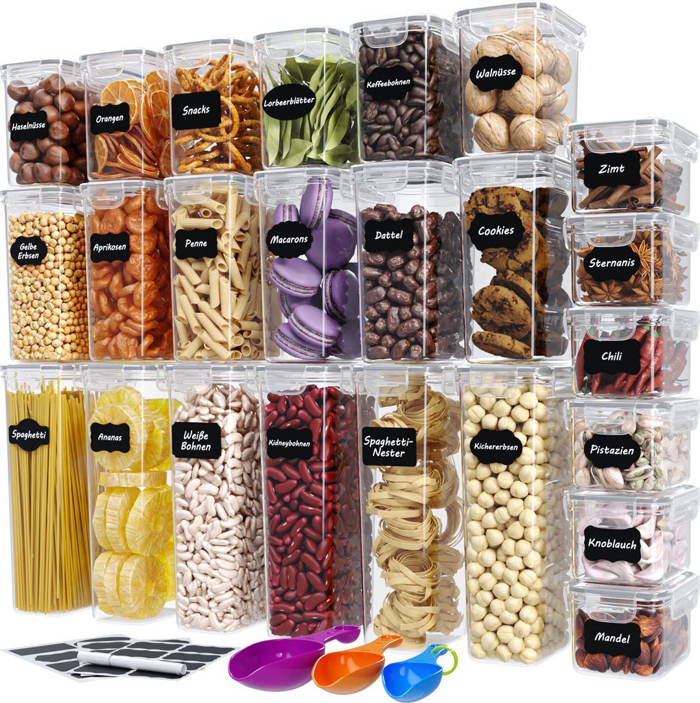 A collection of clear plastic food storage containers filled with various dry goods, arranged in rows on a white background.