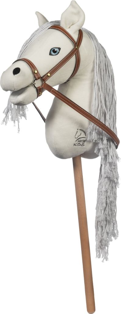 A white hobby horse with a brown bridle and mane on a wooden stick.
