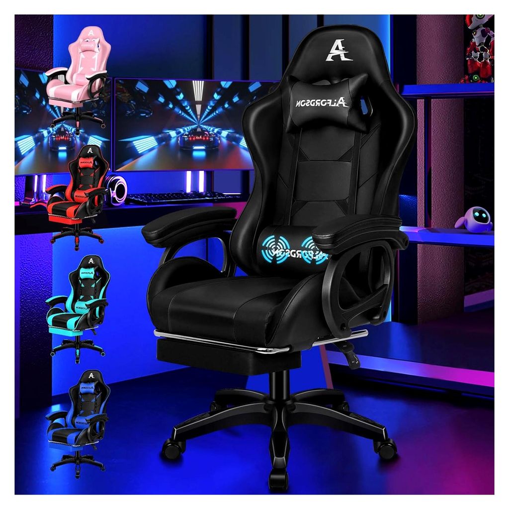 Gamingstuhl, Bürostuhl, mit 2-Punkt-Massage, Fußstütze, Kopfstütze und Lendenkissen, 150° verstellbare Rückenlehne, Kunstleder, Schwarz