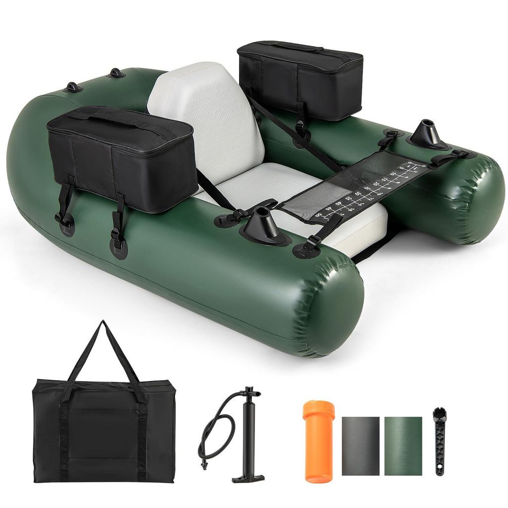GOPLUS Angelboot Schlauchboot Fischerboot Bellyboat mit Verstellbarer Rückenlehne, Pumpe & Fischlineal, 157 x 114 x 35 cm