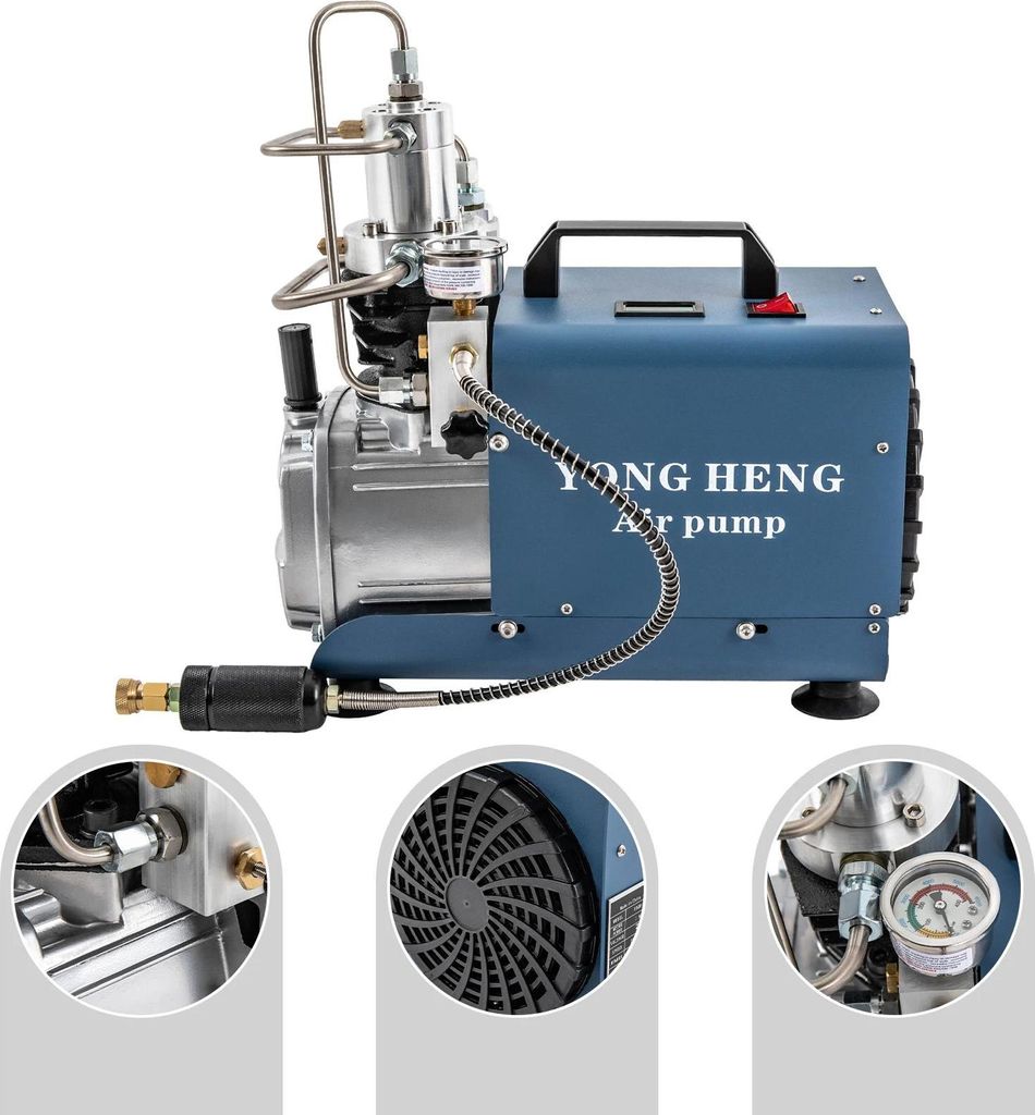 A blue electric high-pressure air compressor with silver metal components and black accents, shown from a side-angle on a white background. Three inset circular images highlight specific details of the product.