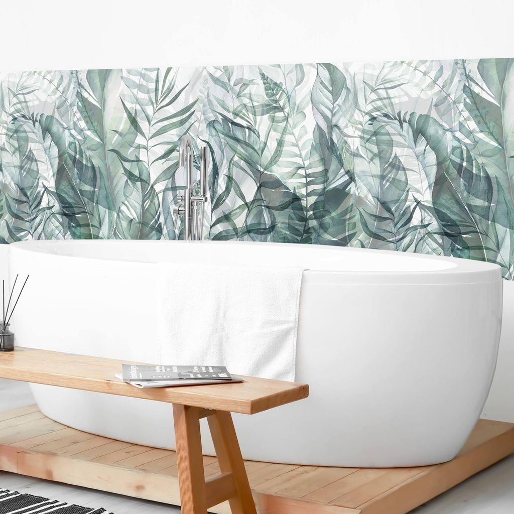 Wandverkleidung Bad originell selbstklebend - 0.61 mm Wandpaneel matt wasserfest Pflanzen grün Aquarell Tropisch Badrückwand fugenlos 350x90 cm