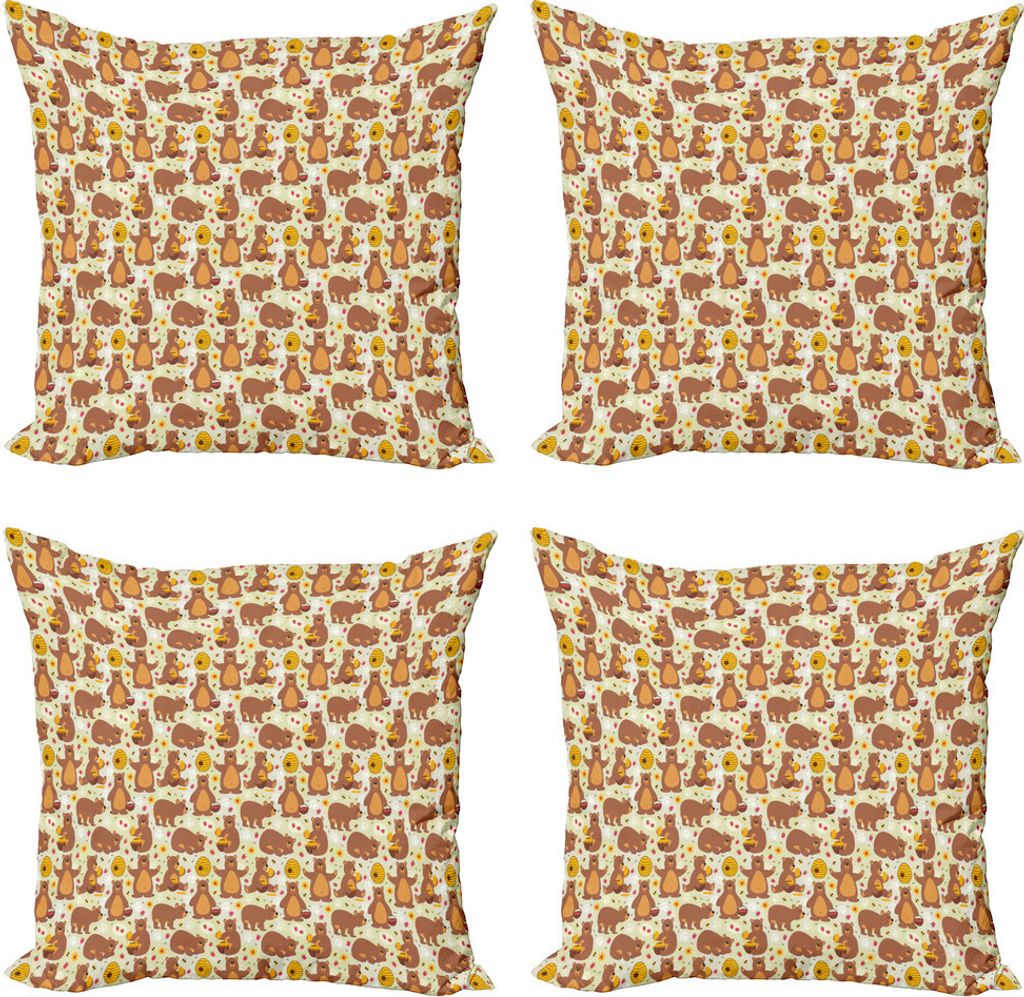 ABAKUHAUS Biene Kissenbezug Set (4 Stück), Grizzly Bear Essen Honig, Moderner Doppelseitiger Digitaldruck, 45 cm x 45 cm, Mehrfarbig
