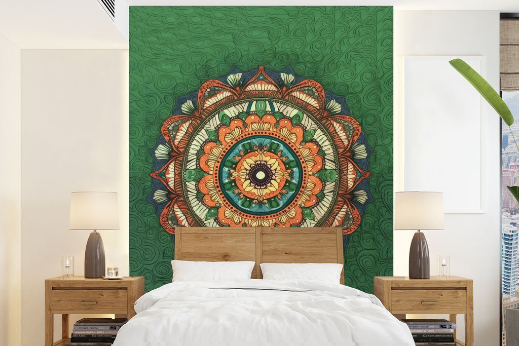 MuchoWow Fototapete für Wohnzimmer oder Schlafzimmer Wandtapete Vinyl Motivtapete Mandala - Hippie - Blumen - Orange - 205x280 cm - Wandbild
