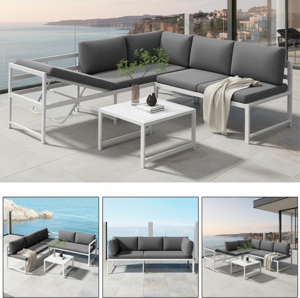 Mucola Sitzgruppe Aluminium Lounge Ecksofa mit Liegefunktion wetterfest Grau Tisch Gartengarnitur Terrassenmöbel - Weiß