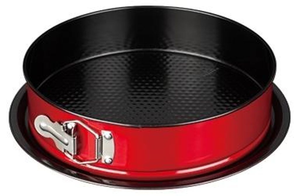 A round cake pan with a red exterior and black interior, shown from a slightly elevated side angle.