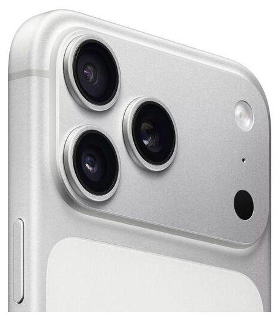 Close-up of the rear camera module of a silver smartphone.