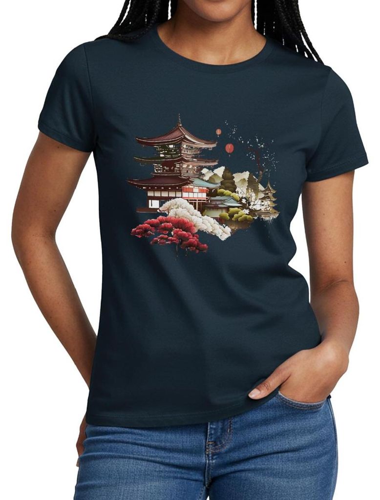 Spreadshirt Japanische Tempelromantik Mit Blütenzauber Frauen T-Shirt, XXL, Navy